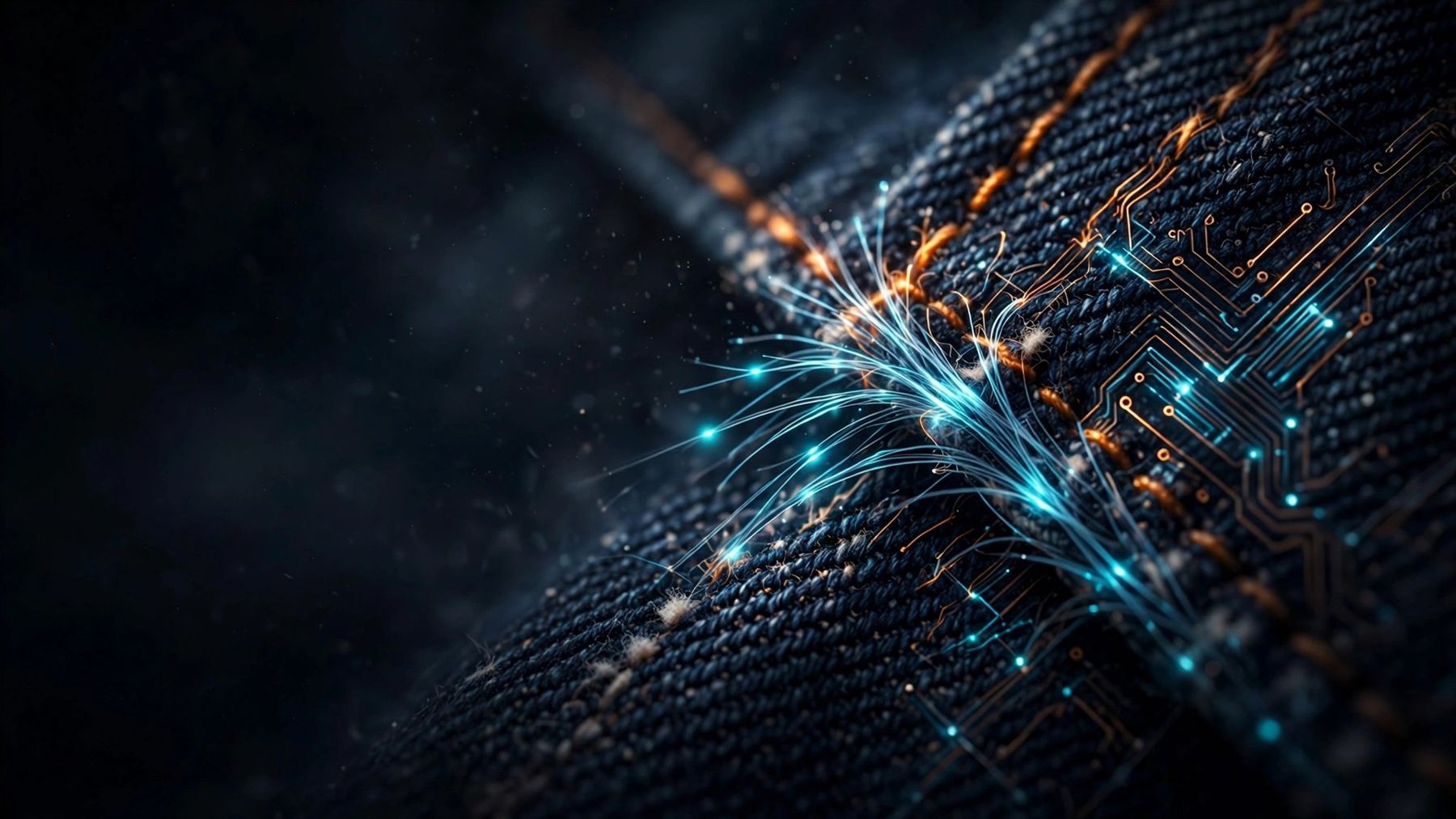 Macro view of denim whose seam threads turn into glowing fiber-optic strands