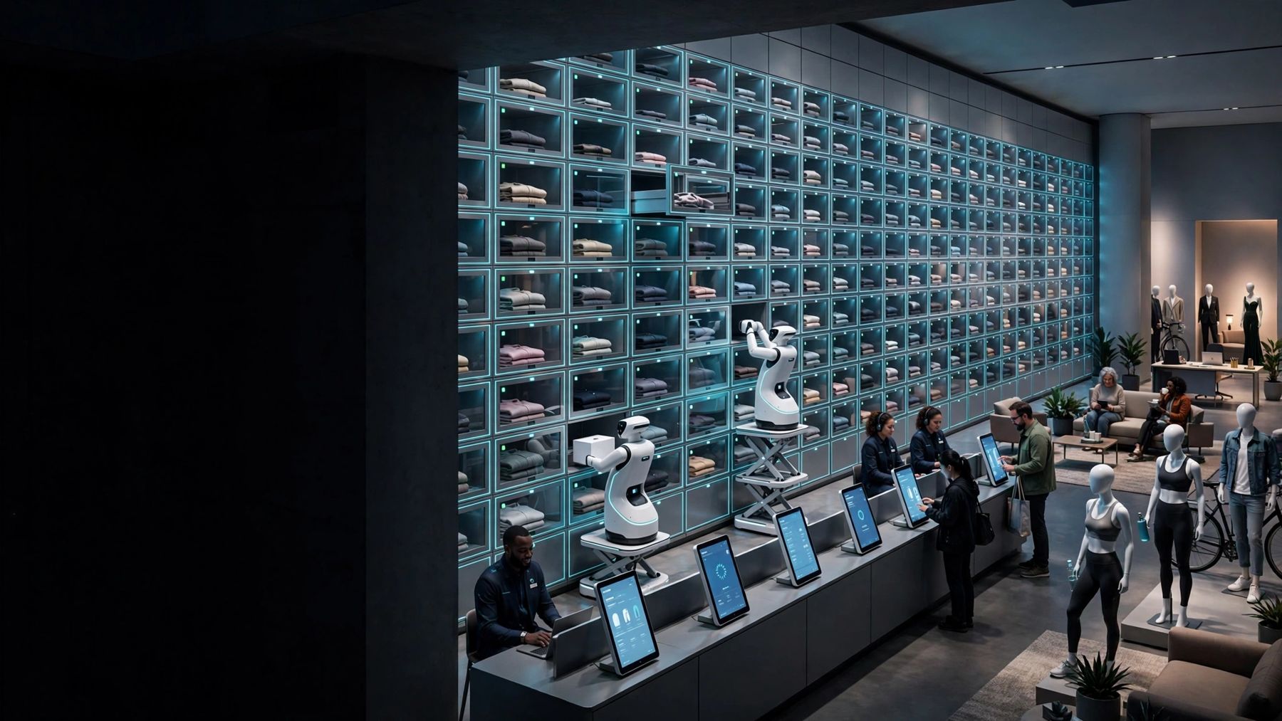 A dark modern store with a glowing wall of drawers, robots fetching garments, fit kiosks and lounge seating
