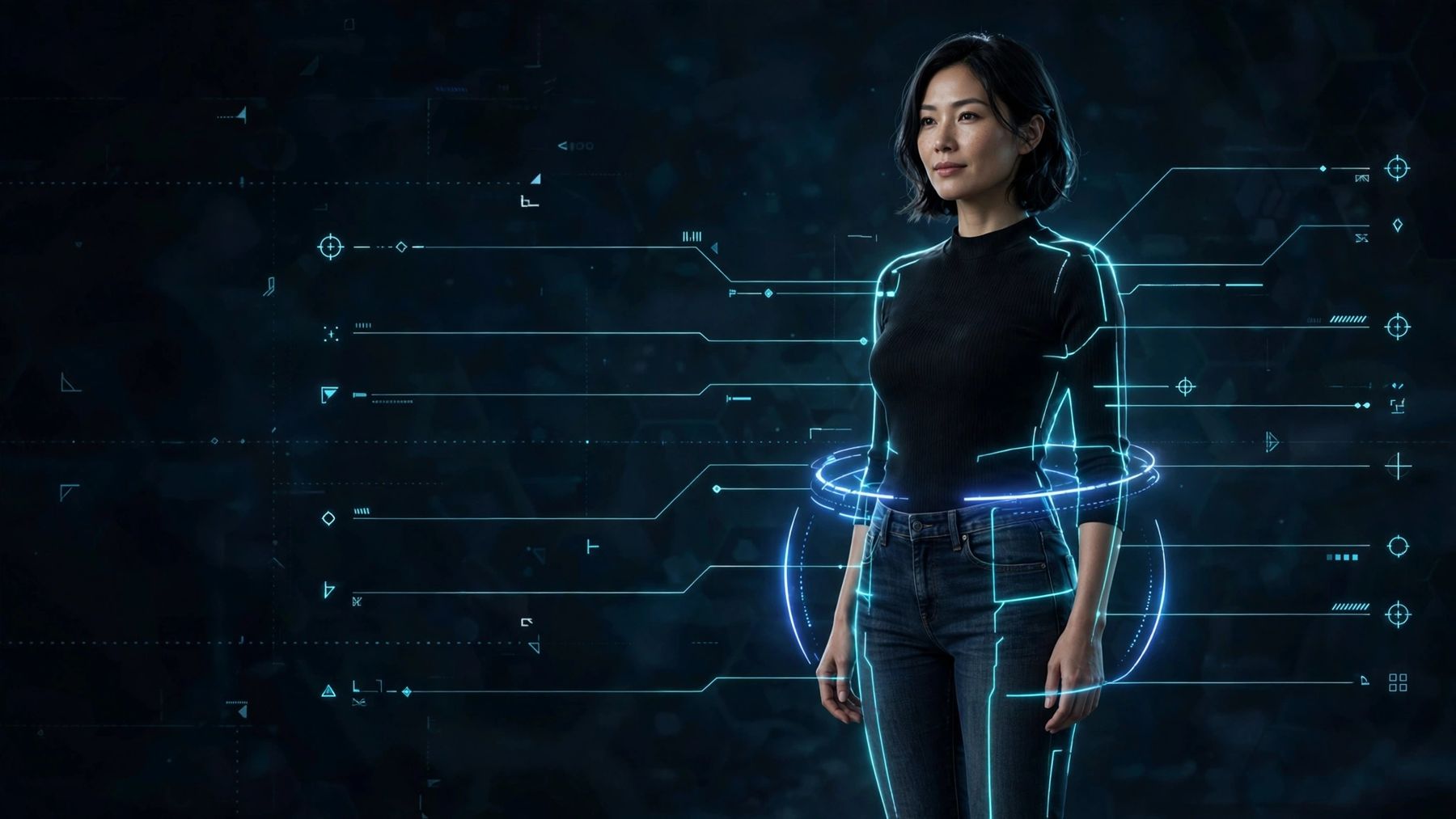 A woman in a black top traced by glowing contour lines and measurement callouts