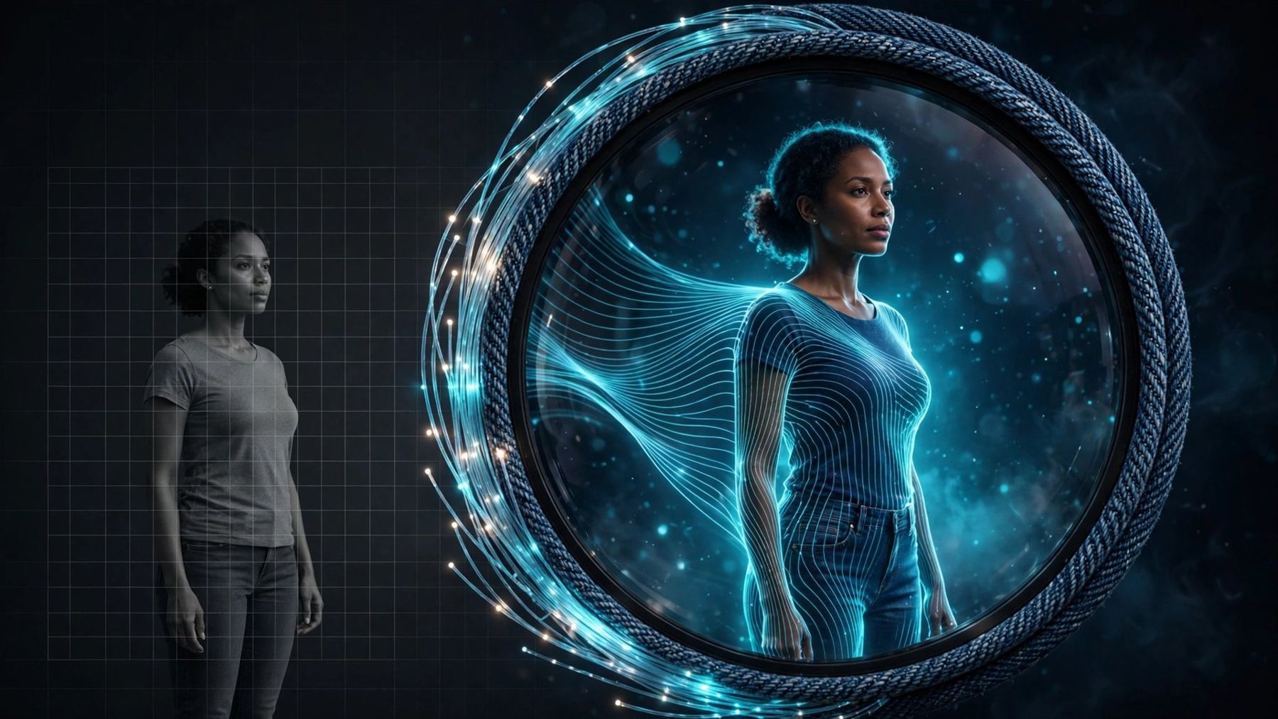A woman shown flat and grey on a size grid, and the same woman seen through a lens of denim and light that reveals her shape