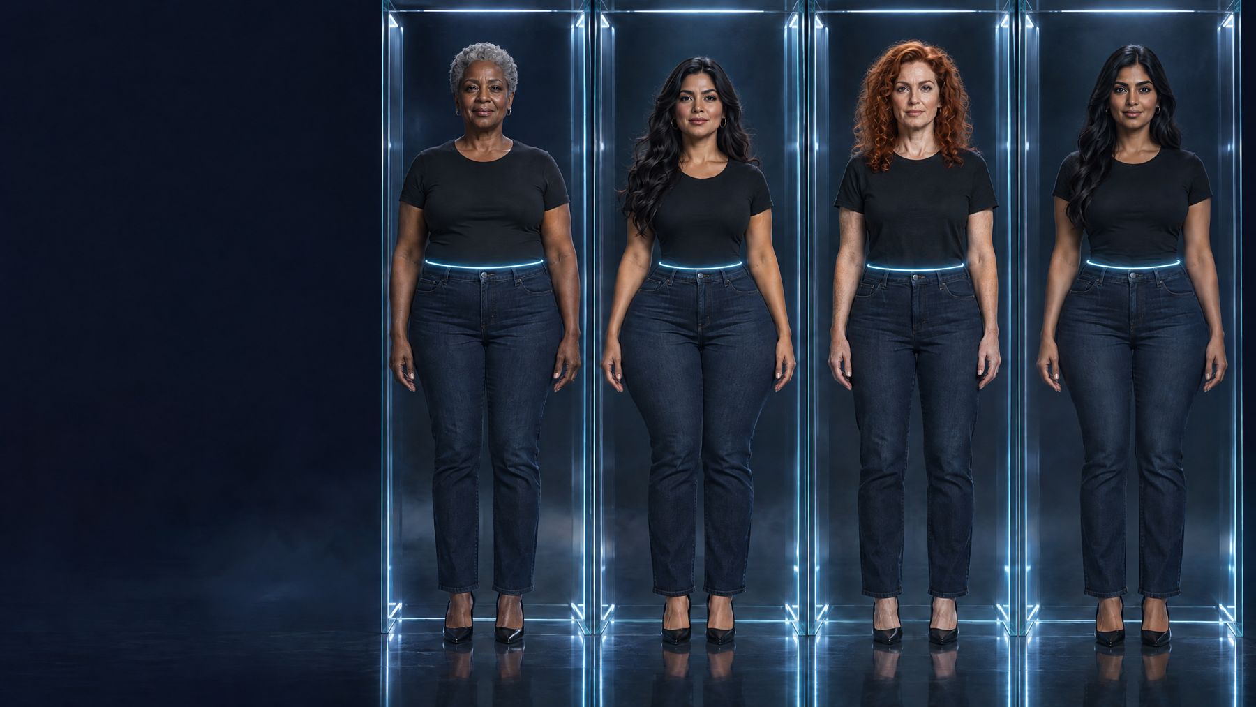Four women of different ages and skin tones, each in a glass panel with a ring at the waist, showing four body shapes