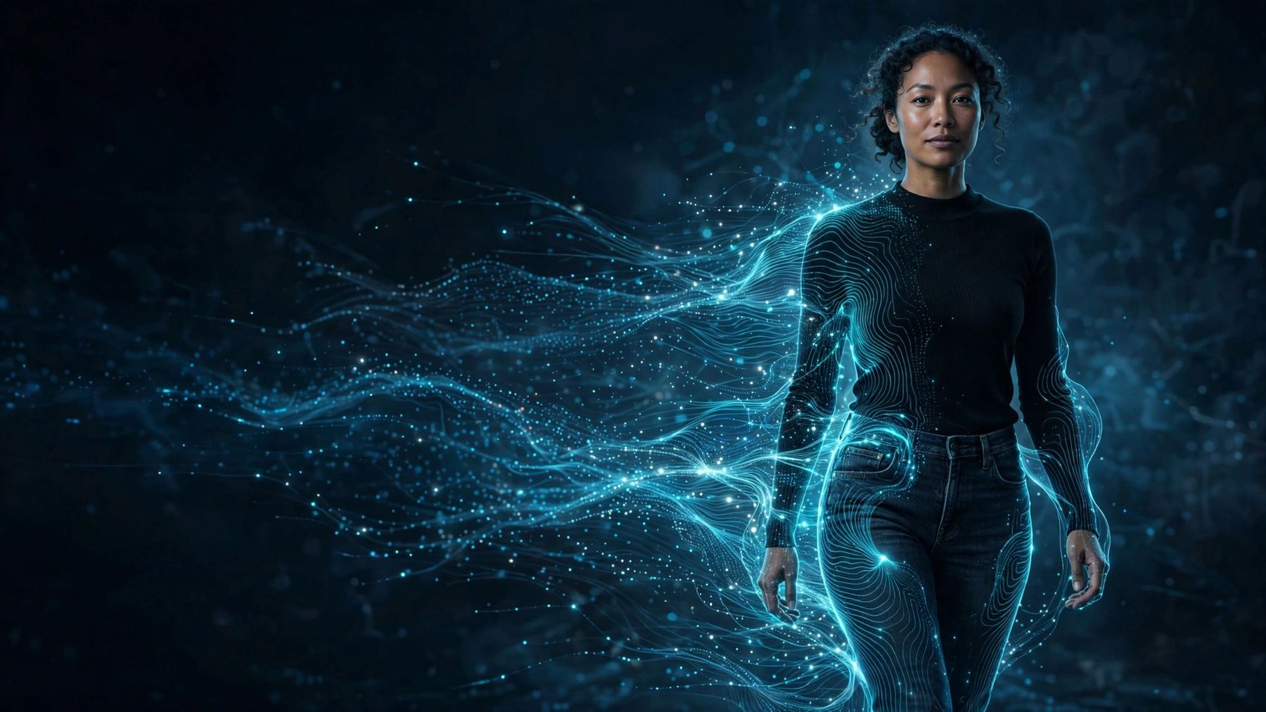 A woman in a black top, her outline traced by cyan contour lines streaming into data