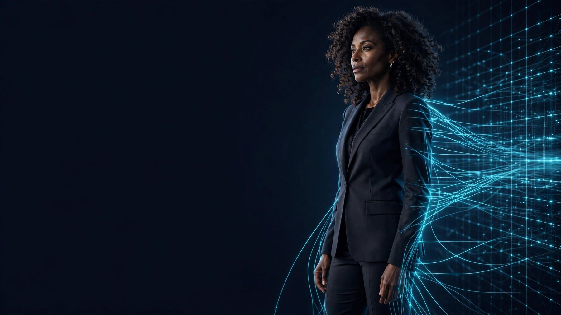 A woman in a fitted charcoal suit whose outline streams into a glowing data grid